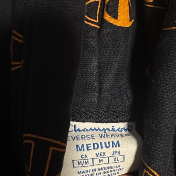 Champion Men's Hoodie with Navy and Orange Pattern - Picture 2 of 5